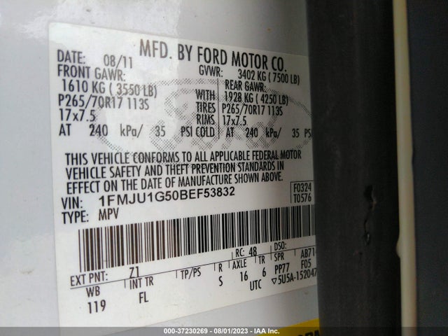 2011 FORD EXPEDITION XL VIN: 1FMJU1G50BEF53832
