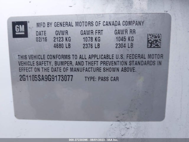 2016 CHEVROLET IMPALA LT VIN: 2G1105SA9G9173077