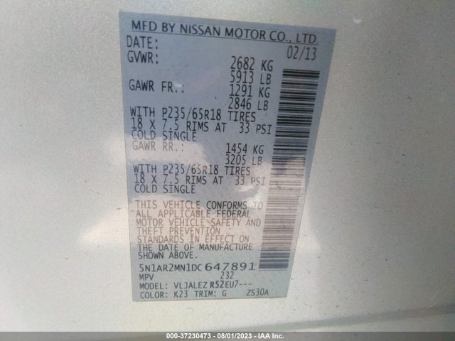 2013 NISSAN PATHFINDER SV VIN: 5N1AR2MN1DC647891