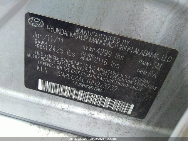 2011 HYUNDAI SONATA SE VIN: 5NPEC4ACXBH223732