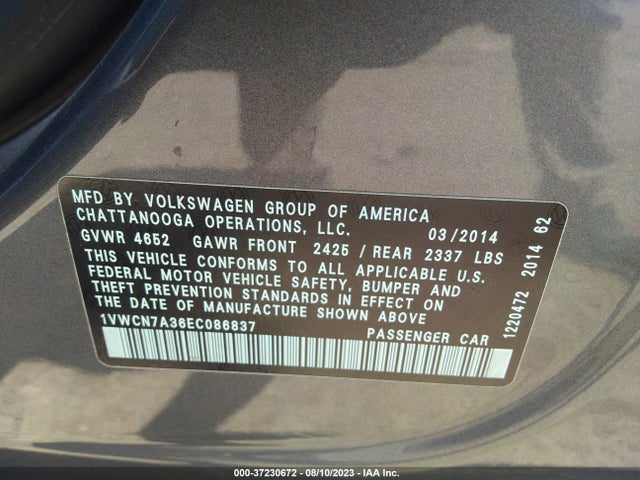 1VWCN7A36EC086837 Volkswagen Passat Tdi Sel Premium