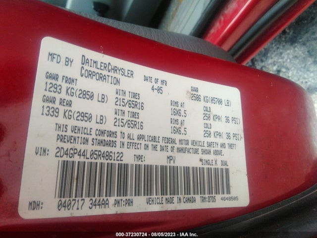 2005 DODGE GRAND CARAVAN SXT VIN: 2D4GP44L05R486122