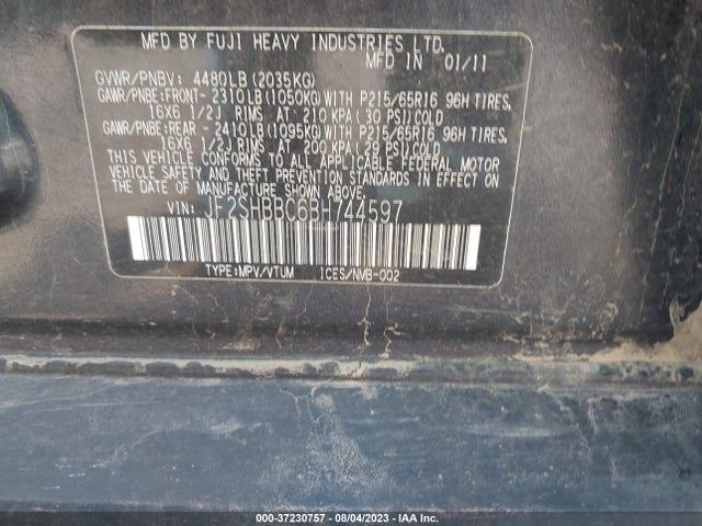2011 SUBARU FORESTER 2.5X VIN: JF2SHBBC6BH744597