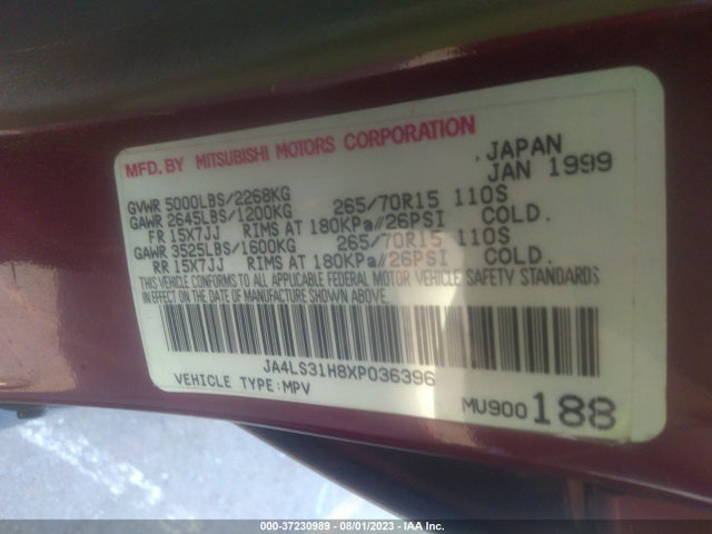 1999 MITSUBISHI MONTERO SPORT LS/XLS VIN: JA4LS31H8XP036396