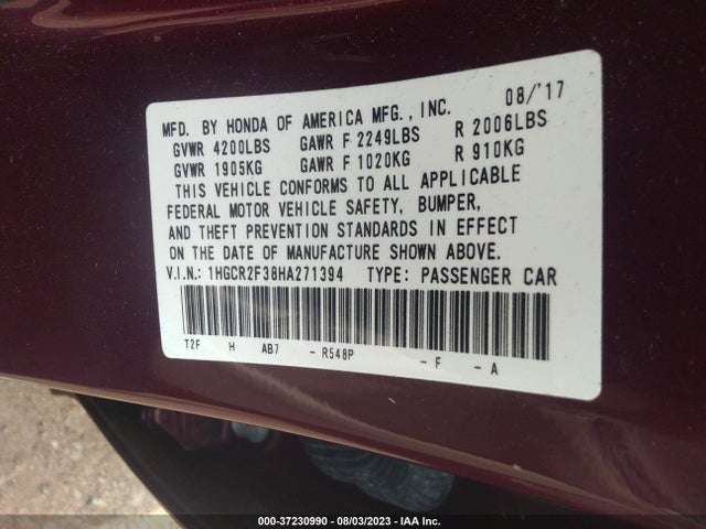 Honda ACCORD LX 2017 1HGCR2F38HA271394 Image 9