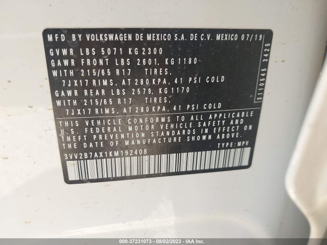 3VV2B7AX1KM192408 Volkswagen Tiguan Se/sel/sel R-line