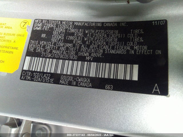 2008 LEXUS RX 350 VIN: 2T2GK31U78C051830