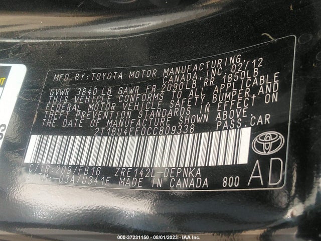 2012 TOYOTA COROLLA LE VIN: 2T1BU4EE0CC809338