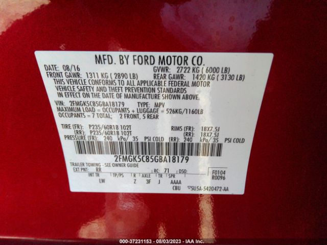 2FMGK5C85GBA18179 Ford FLEX SEL
