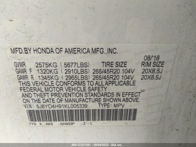 5J8YD4H91KL005339 Acura Mdx W/advance