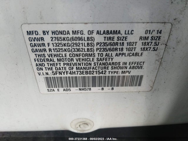 2014 HONDA PILOT EX-L VIN: 5FNYF4H73EB021542
