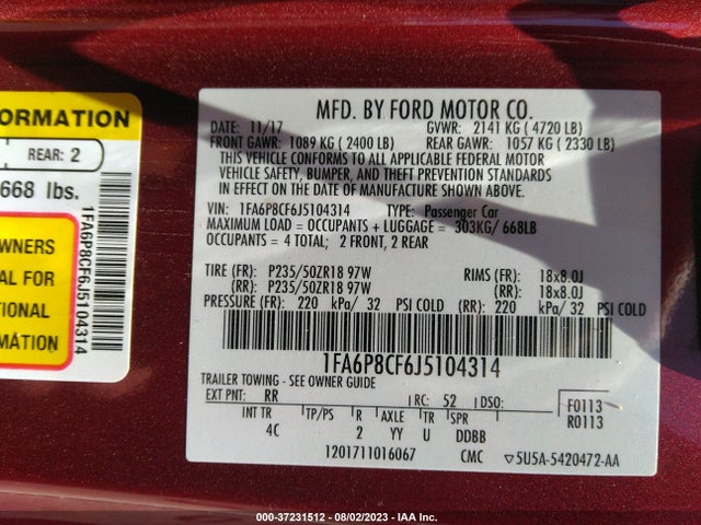 2018 FORD MUSTANG GT VIN: 1FA6P8CF6J5104314