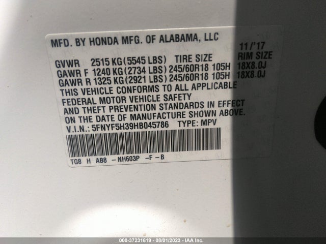 Honda Pilot Ex 2017 5FNYF5H39HB045786 Image 9