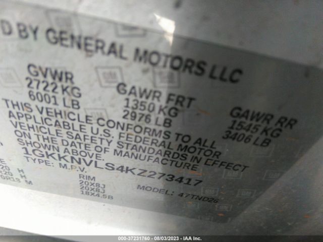 1GKKNVLS4KZ273417 GMC ACADIA SLT