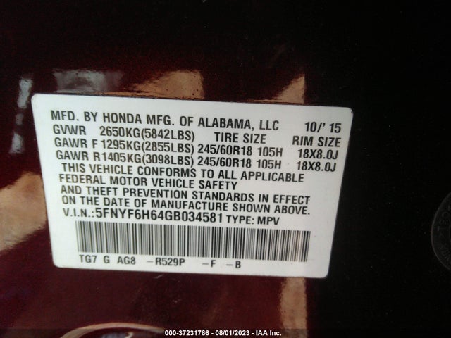 Honda Pilot Ex-l 2016 5FNYF6H64GB034581 Image 9