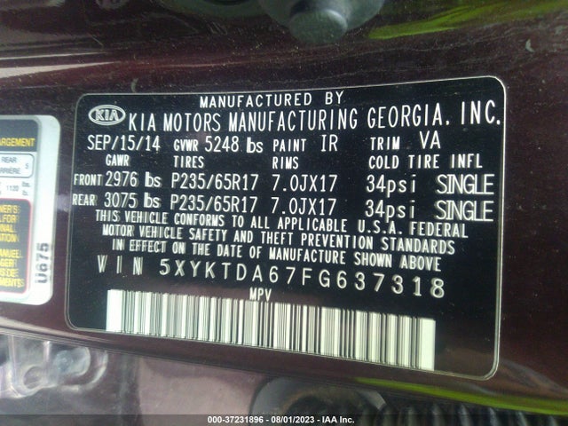 2015 KIA SORENTO LX VIN: 5XYKTDA67FG637318