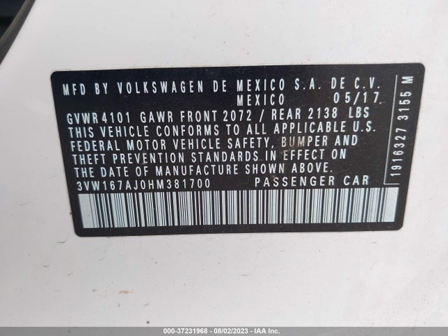2017 VOLKSWAGEN JETTA 1.4T S VIN: 3VW167AJ0HM381700