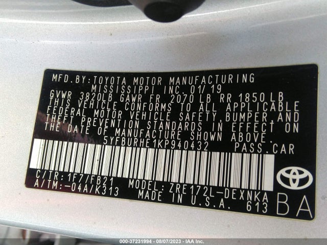 Toyota COROLLA LE 2019 5YFBURHE1KP940432 Image 9