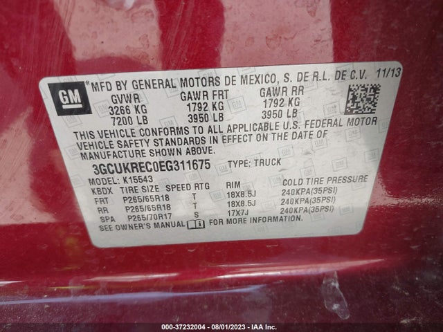 2014 CHEVROLET SILVERADO 1500 LT VIN: 3GCUKREC0EG311675