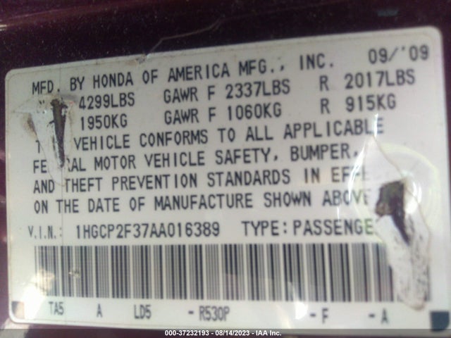 2010 HONDA ACCORD SDN LX VIN: 1HGCP2F37AA016389