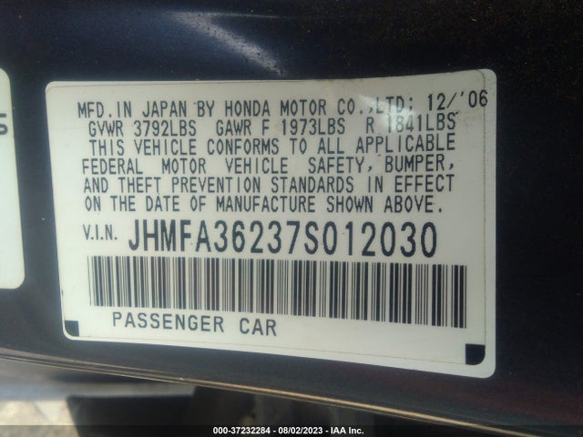 2007 HONDA CIVIC HYBRID VIN: JHMFA36237S012030