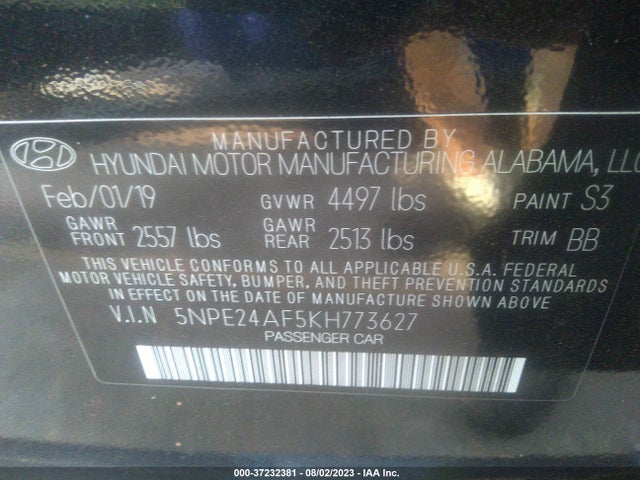 2019 HYUNDAI SONATA SE VIN: 5NPE24AF5KH773627