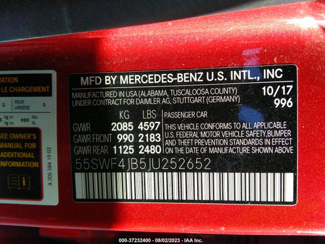 55SWF4JB5JU252652 Mercedes-Benz C-class C 300