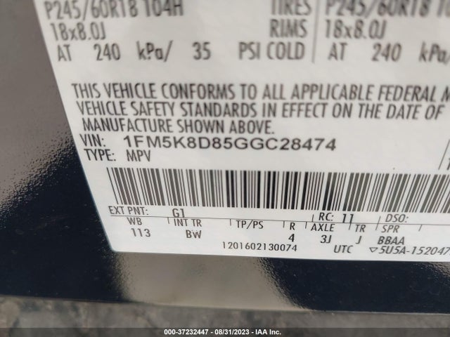 Ford EXPLORER XLT 2016 1FM5K8D85GGC28474 Image 15