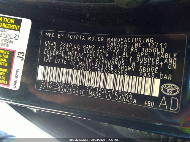 2011 TOYOTA COROLLA L/LE/S VIN: 2T1BU4EE6BC753565