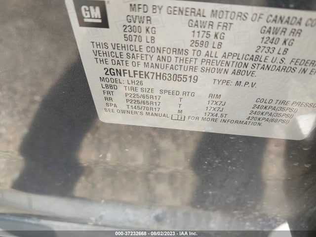2017 CHEVROLET EQUINOX LT VIN: 2GNFLFEK7H6305519