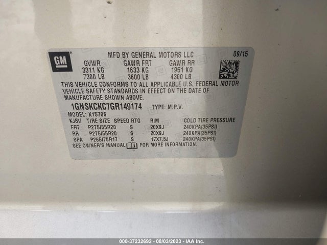 Chevrolet Tahoe Ltz 2016 1GNSKCKC7GR149174 Image 9