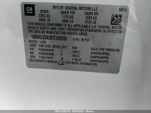 Chevrolet EQUINOX LT 2015 1GNALCEK0FZ102935 Image 15
