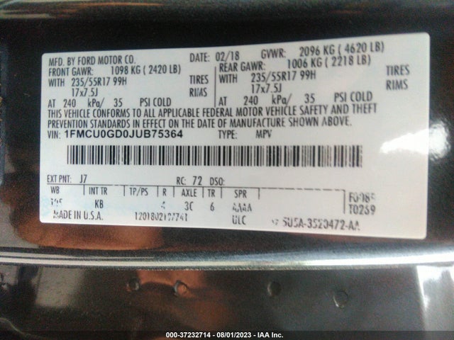 Продажа на аукционе авто 2018 Ford Escape Se, vin: 1FMCU0GD0JUB75364, номер лота: 37232714