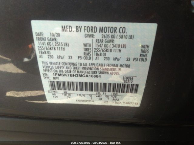 1FMSK7BH3MGA16684 Ford Explorer Base
