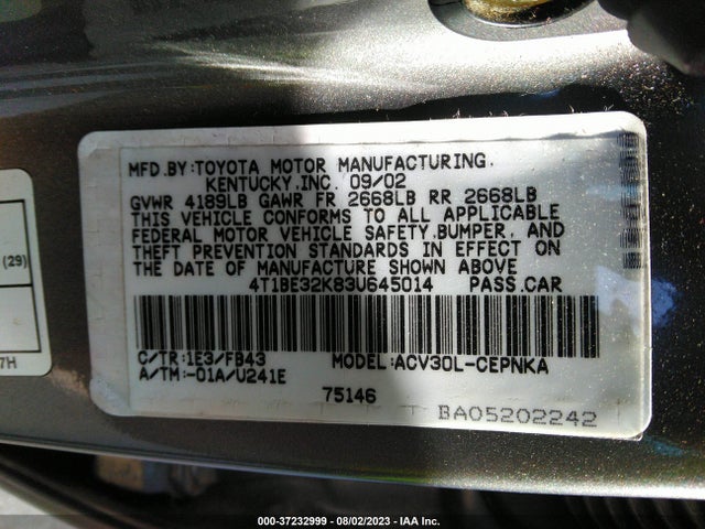 2003 TOYOTA CAMRY LE/SE/XLE VIN: 4T1BE32K83U645014