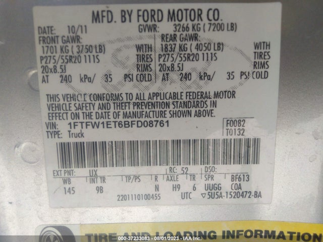 2011 FORD F-150 XLT/FX4/LARIAT VIN: 1FTFW1ET6BFD08761