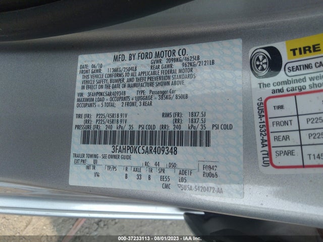 Продаж на аукціоні авто 2010 Ford Fusion Sport, vin: 3FAHP0KC5AR409348, номер лоту: 37233113