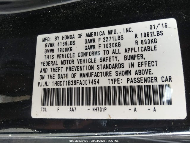 2015 HONDA ACCORD COUPE LX-S VIN: 1HGCT1B39FA007454