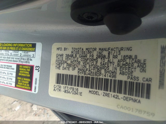 2013 TOYOTA COROLLA L/LE/S VIN: 5YFBU4EE6DP141496
