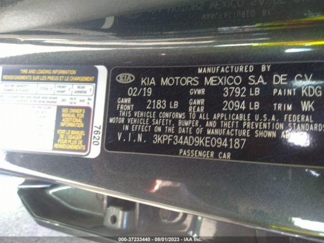 3KPF34AD9KE094187 KIA FORTE S