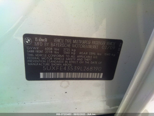 2009 BMW X5 30I VIN: 5UXFE43539L268190