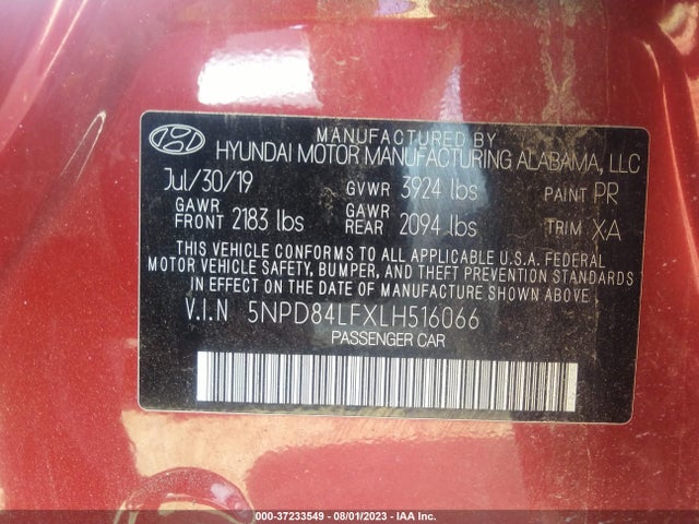 2020 HYUNDAI ELANTRA SEL VIN: 5NPD84LFXLH516066