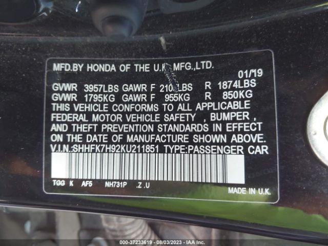 SHHFK7H92KU211851 Honda Civic Hatchback Sport Touring