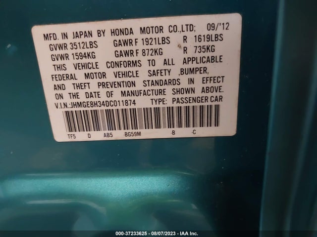 2013 HONDA FIT VIN: JHMGE8H34DC011874