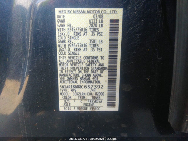 2008 NISSAN PATHFINDER S VIN: 5N1AR18B08C657392