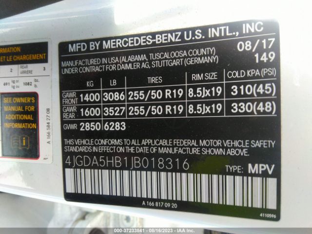 4JGDA5HB1JB018316 Mercedes-Benz Gle Gle 350