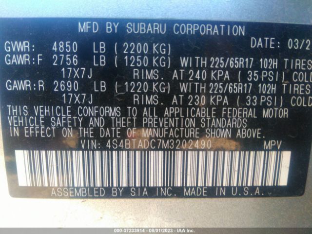 4S4BTADC7M3202490 Subaru Outback Premium