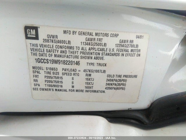 2001 CHEVROLET S-10 LS VIN: 1GCCS19W918220146