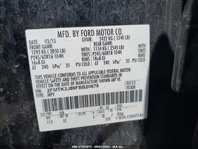 2015 FORD EDGE SEL VIN: 2FMTK3J89FBB20878