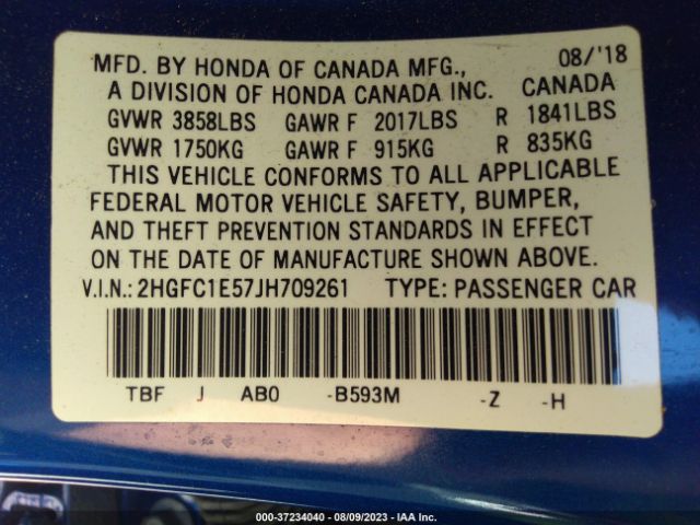 2HGFC1E57JH709261 Honda CIVIC SI SEDAN